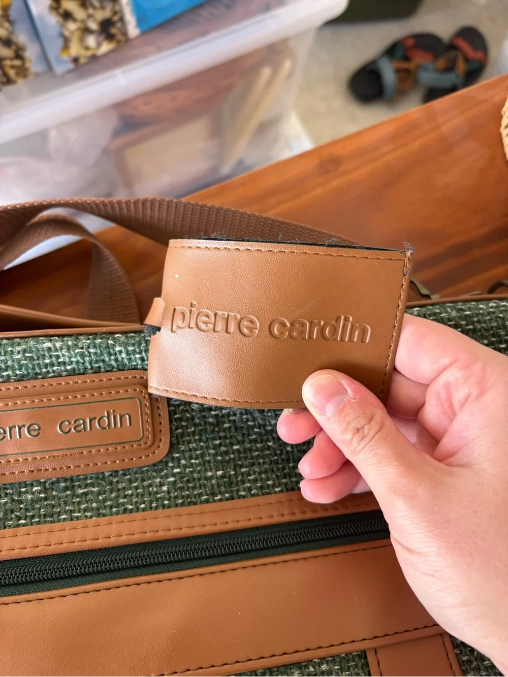 Pierre Cardin Green Tweed Duffel with Brown Leather Trim